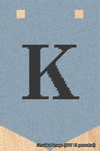 A simulated image of the stitched needlepoint design: Banner 18m Pointed K Black on Light Blue. Not A.I. generated.