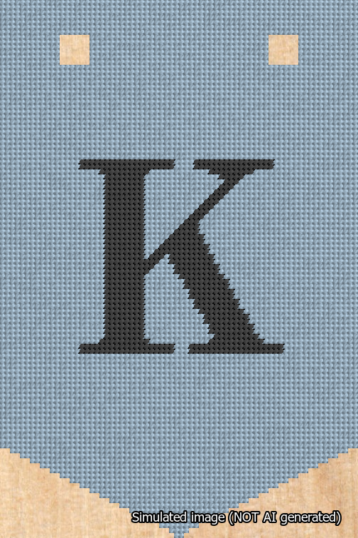 A simulated image of the stitched needlepoint design: Banner 18m Pointed K Black on Light Blue. Not A.I. generated.