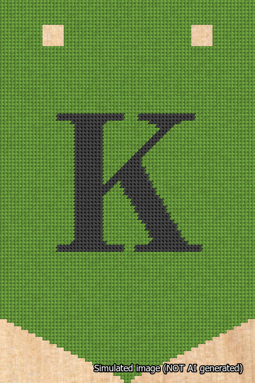 A simulated image of the stitched needlepoint design: Banner 18m Pointed K Black on Light Green. Not A.I. generated.