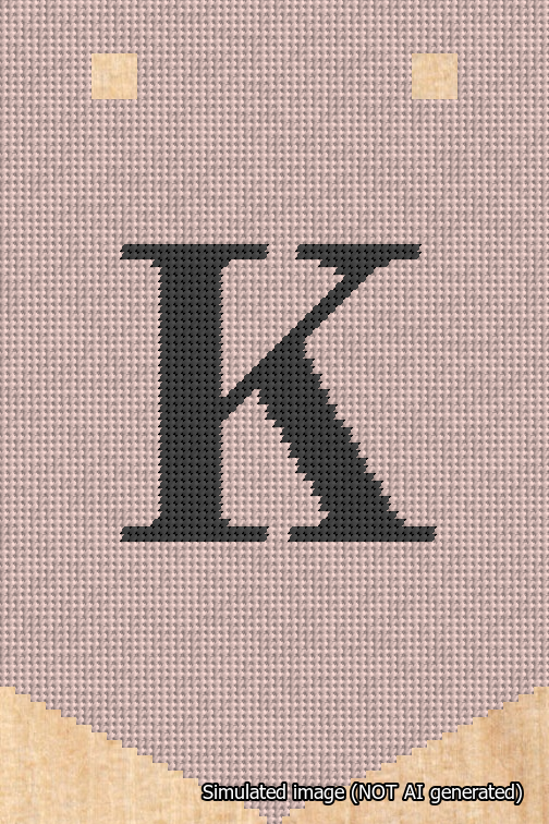 A simulated image of the stitched needlepoint design: Banner 18m Pointed K Black on Pink. Not A.I. generated.