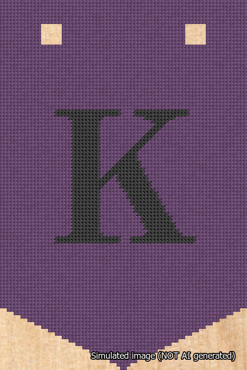 A simulated image of the stitched needlepoint design: Banner 18m Pointed K Black on Purple. Not A.I. generated.