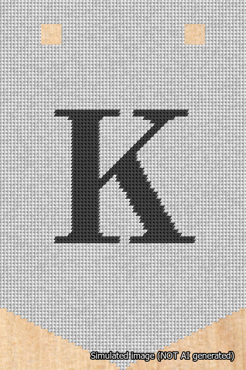 A simulated image of the stitched needlepoint design: Banner 18m Pointed K Black on White. Not A.I. generated.