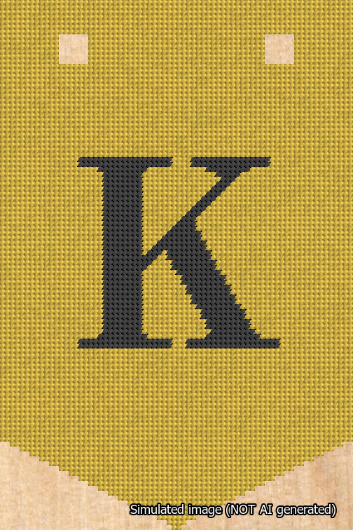 A simulated image of the stitched needlepoint design: Banner 18m Pointed K Black on Yellow. Not A.I. generated.
