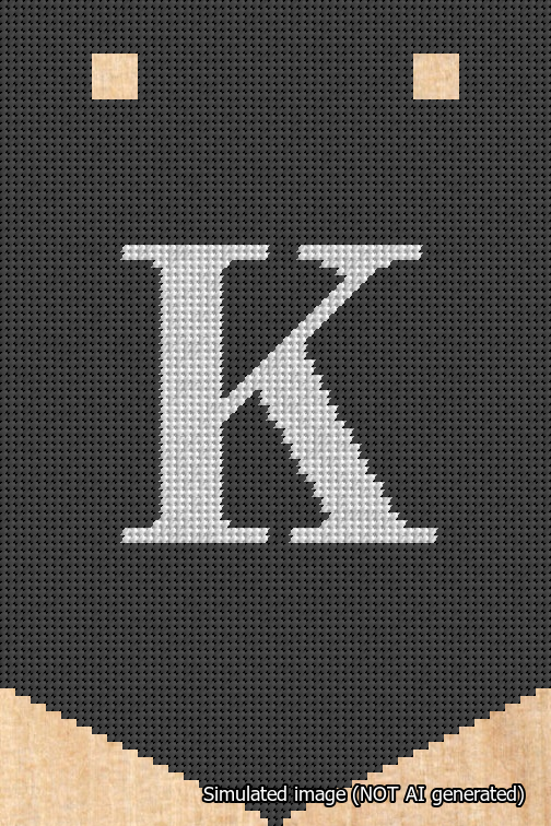 A simulated image of the stitched needlepoint design: Banner 18m Pointed K White on Black. Not A.I. generated.
