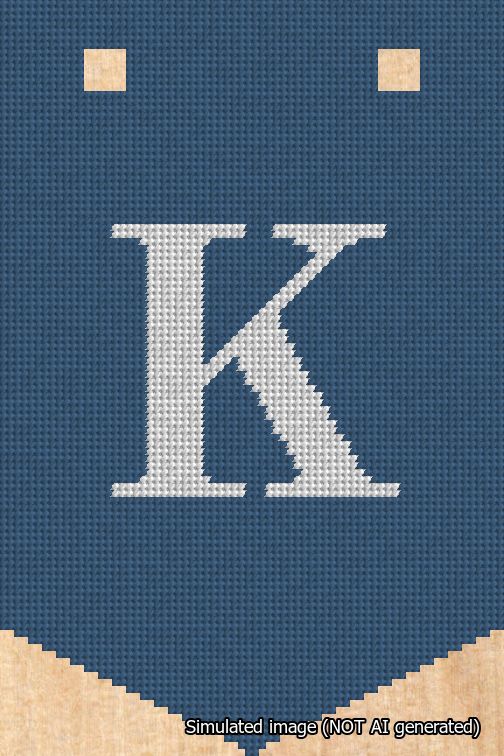 A simulated image of the stitched needlepoint design: Banner 18m Pointed K White on Blue. Not A.I. generated.