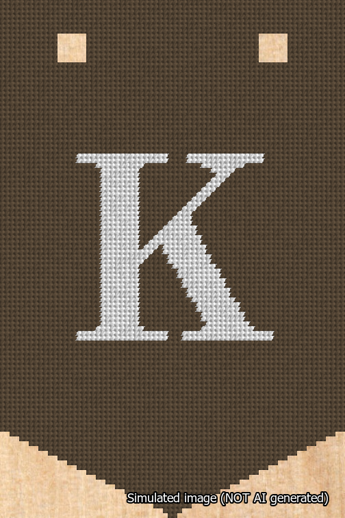 A simulated image of the stitched needlepoint design: Banner 18m Pointed K White on Brown. Not A.I. generated.