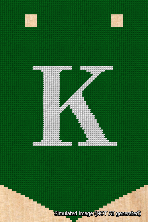 A simulated image of the stitched needlepoint design: Banner 18m Pointed K White on Green. Not A.I. generated.