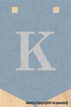 A simulated image of the stitched needlepoint design: Banner 18m Pointed K White on Light Blue. Not A.I. generated.