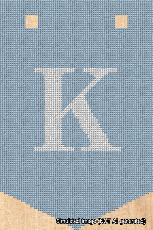 A simulated image of the stitched needlepoint design: Banner 18m Pointed K White on Light Blue. Not A.I. generated.
