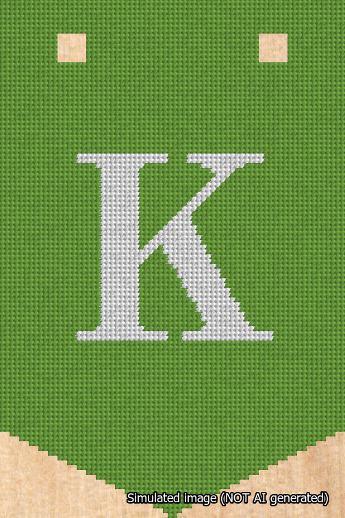 A simulated image of the stitched needlepoint design: Banner 18m Pointed K White on Light Green. Not A.I. generated.