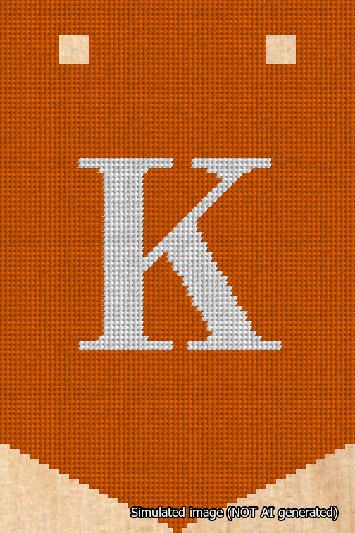 A simulated image of the stitched needlepoint design: Banner 18m Pointed K White on Orange. Not A.I. generated.