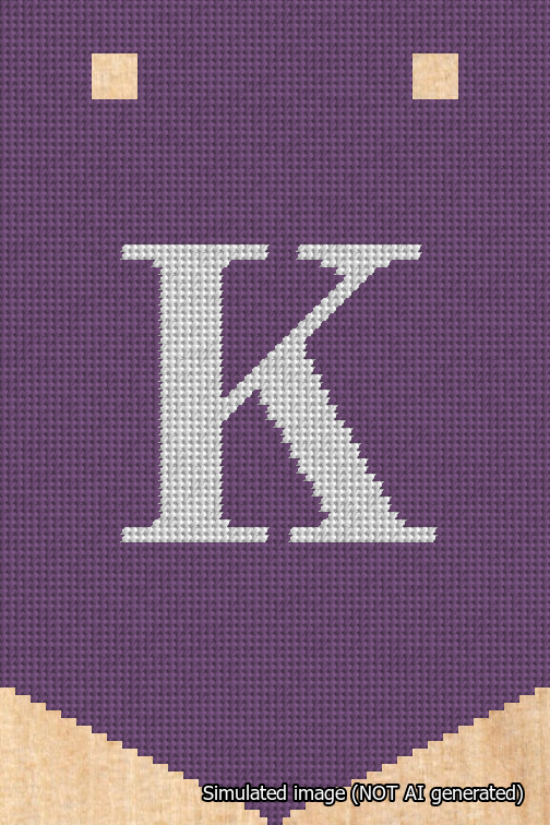 A simulated image of the stitched needlepoint design: Banner 18m Pointed K White on Purple. Not A.I. generated.