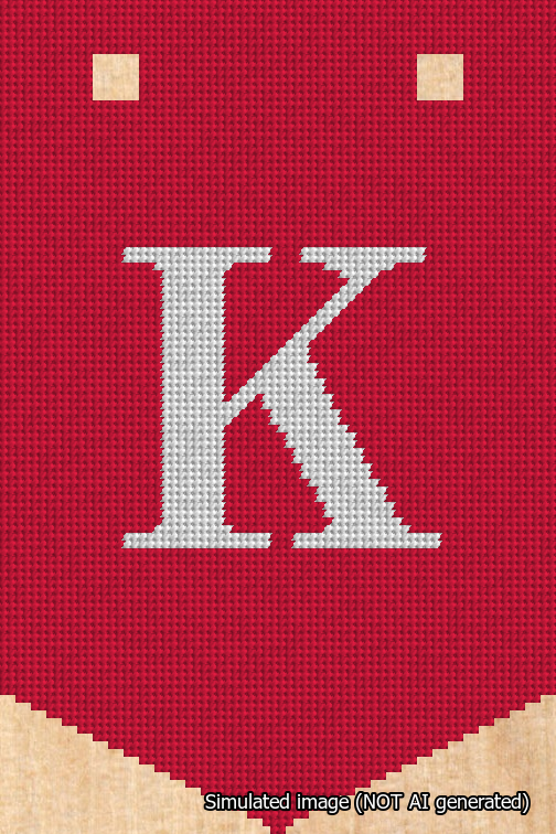 A simulated image of the stitched needlepoint design: Banner 18m Pointed K White on Red. Not A.I. generated.