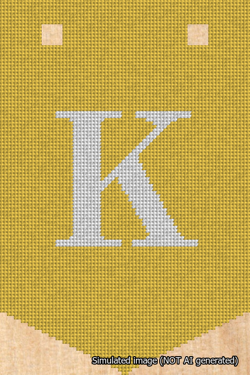 A simulated image of the stitched needlepoint design: Banner 18m Pointed K White on Yellow. Not A.I. generated.