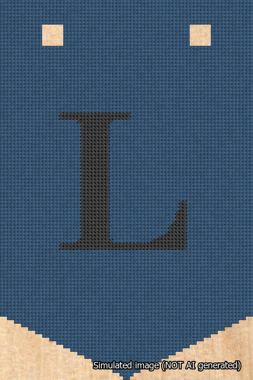 A simulated image of the stitched needlepoint design: Banner 18m Pointed L Black on Blue. Not A.I. generated.