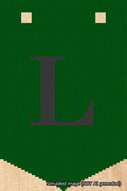 A simulated image of the stitched needlepoint design: Banner 18m Pointed L Black on Green. Not A.I. generated.