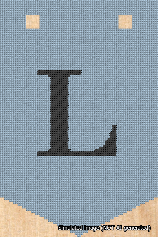 A simulated image of the stitched needlepoint design: Banner 18m Pointed L Black on Light Blue. Not A.I. generated.