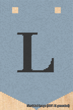 A simulated image of the stitched needlepoint design: Banner 18m Pointed L Black on Light Blue. Not A.I. generated.