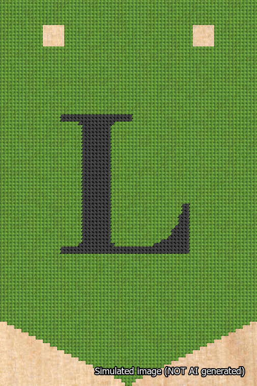 A simulated image of the stitched needlepoint design: Banner 18m Pointed L Black on Light Green. Not A.I. generated.