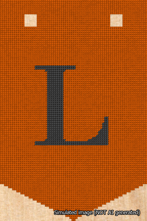 A simulated image of the stitched needlepoint design: Banner 18m Pointed L Black on Orange. Not A.I. generated.