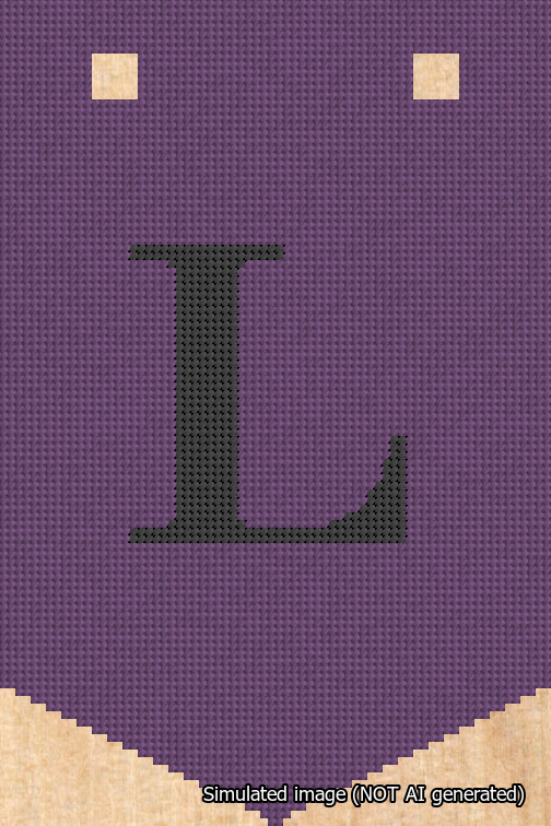 A simulated image of the stitched needlepoint design: Banner 18m Pointed L Black on Purple. Not A.I. generated.
