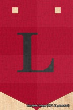 A simulated image of the stitched needlepoint design: Banner 18m Pointed L Black on Red. Not A.I. generated.