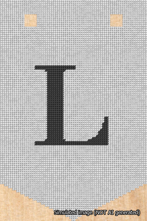 A simulated image of the stitched needlepoint design: Banner 18m Pointed L Black on White. Not A.I. generated.