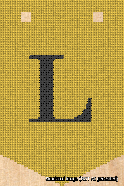 A simulated image of the stitched needlepoint design: Banner 18m Pointed L Black on Yellow. Not A.I. generated.