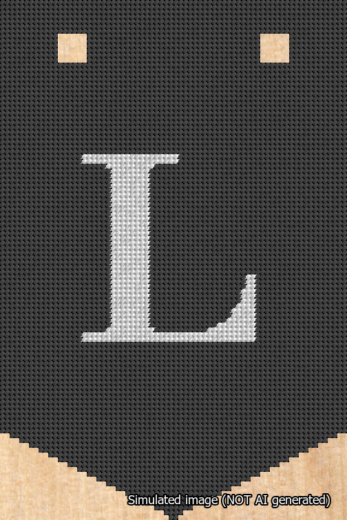 A simulated image of the stitched needlepoint design: Banner 18m Pointed L White on Black. Not A.I. generated.