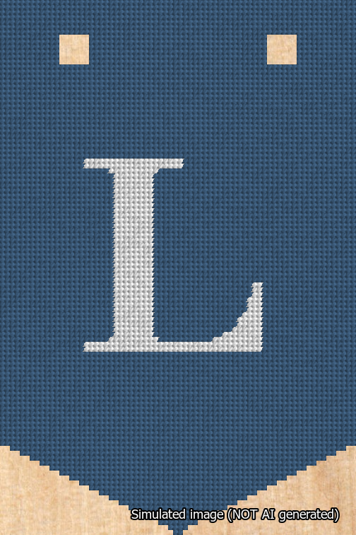 A simulated image of the stitched needlepoint design: Banner 18m Pointed L White on Blue. Not A.I. generated.