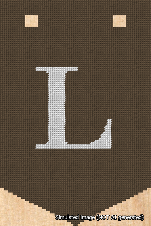A simulated image of the stitched needlepoint design: Banner 18m Pointed L White on Brown. Not A.I. generated.