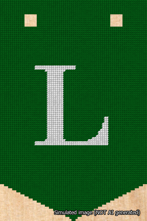 A simulated image of the stitched needlepoint design: Banner 18m Pointed L White on Green. Not A.I. generated.