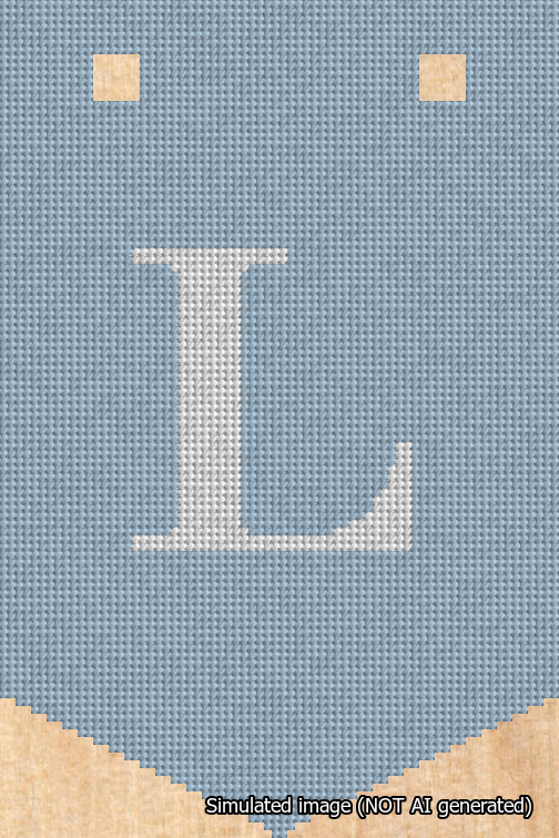 A simulated image of the stitched needlepoint design: Banner 18m Pointed L White on Light Blue. Not A.I. generated.