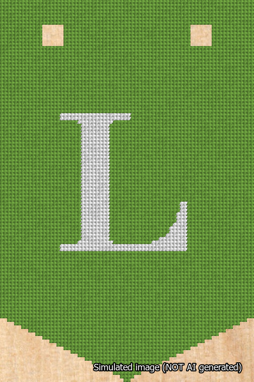 A simulated image of the stitched needlepoint design: Banner 18m Pointed L White on Light Green. Not A.I. generated.