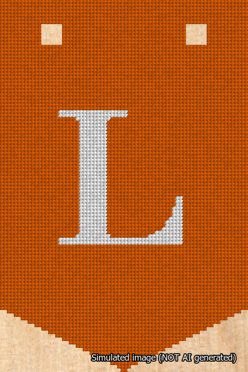 A simulated image of the stitched needlepoint design: Banner 18m Pointed L White on Orange. Not A.I. generated.