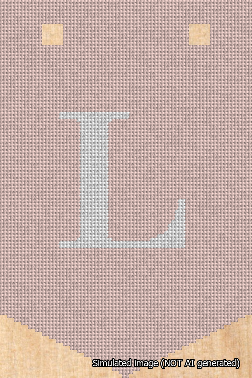 A simulated image of the stitched needlepoint design: Banner 18m Pointed L White on Pink. Not A.I. generated.