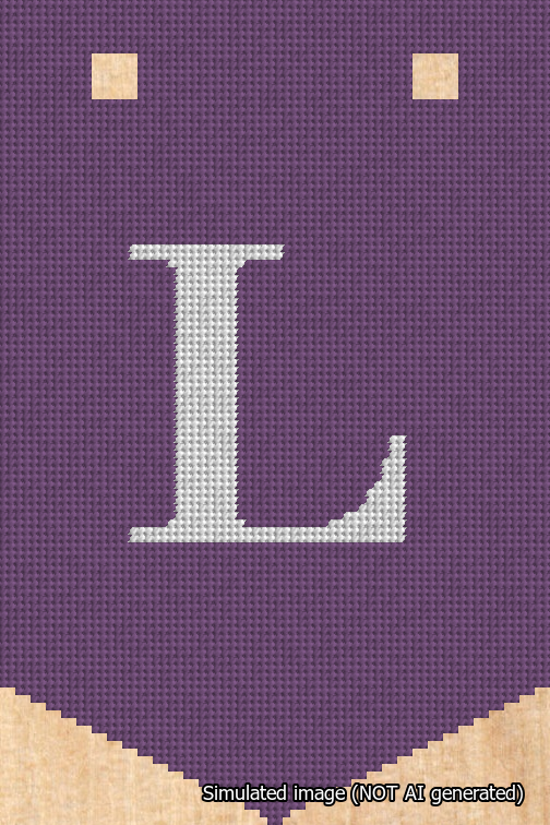 A simulated image of the stitched needlepoint design: Banner 18m Pointed L White on Purple. Not A.I. generated.