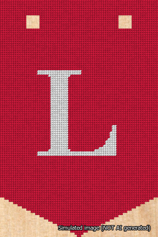 A simulated image of the stitched needlepoint design: Banner 18m Pointed L White on Red. Not A.I. generated.