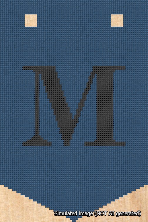 A simulated image of the stitched needlepoint design: Banner 18m Pointed M Black on Blue. Not A.I. generated.