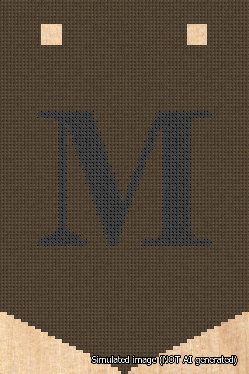 A simulated image of the stitched needlepoint design: Banner 18m Pointed M Black on Brown. Not A.I. generated.