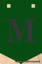 A simulated image of the stitched needlepoint design: Banner 18m Pointed M Black on Green. Not A.I. generated.