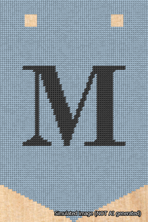 A simulated image of the stitched needlepoint design: Banner 18m Pointed M Black on Light Blue. Not A.I. generated.