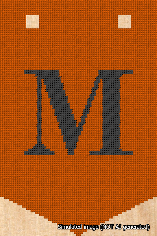 A simulated image of the stitched needlepoint design: Banner 18m Pointed M Black on Orange. Not A.I. generated.