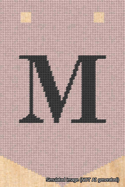 A simulated image of the stitched needlepoint design: Banner 18m Pointed M Black on Pink. Not A.I. generated.