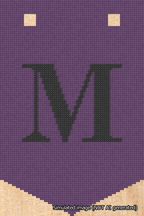 A simulated image of the stitched needlepoint design: Banner 18m Pointed M Black on Purple. Not A.I. generated.