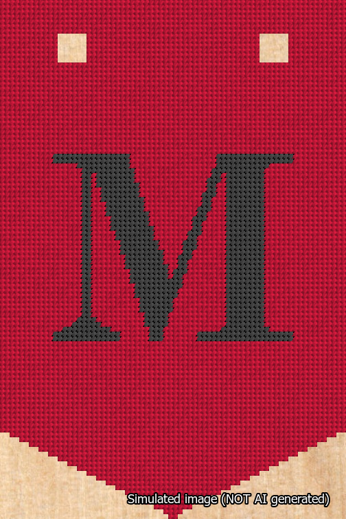 A simulated image of the stitched needlepoint design: Banner 18m Pointed M Black on Red. Not A.I. generated.