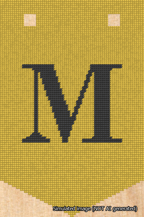 A simulated image of the stitched needlepoint design: Banner 18m Pointed M Black on Yellow. Not A.I. generated.