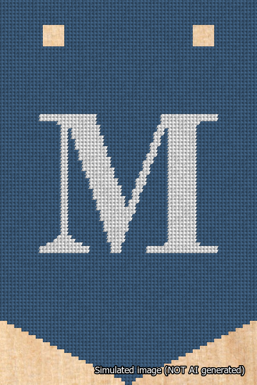 A simulated image of the stitched needlepoint design: Banner 18m Pointed M White on Blue. Not A.I. generated.