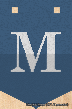 A simulated image of the stitched needlepoint design: Banner 18m Pointed M White on Blue. Not A.I. generated.