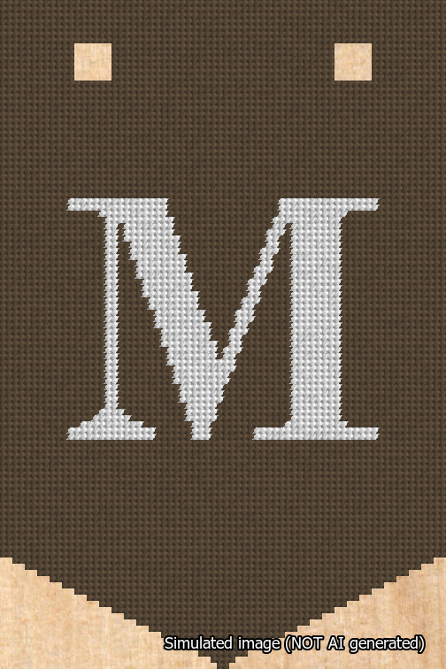 A simulated image of the stitched needlepoint design: Banner 18m Pointed M White on Brown. Not A.I. generated.